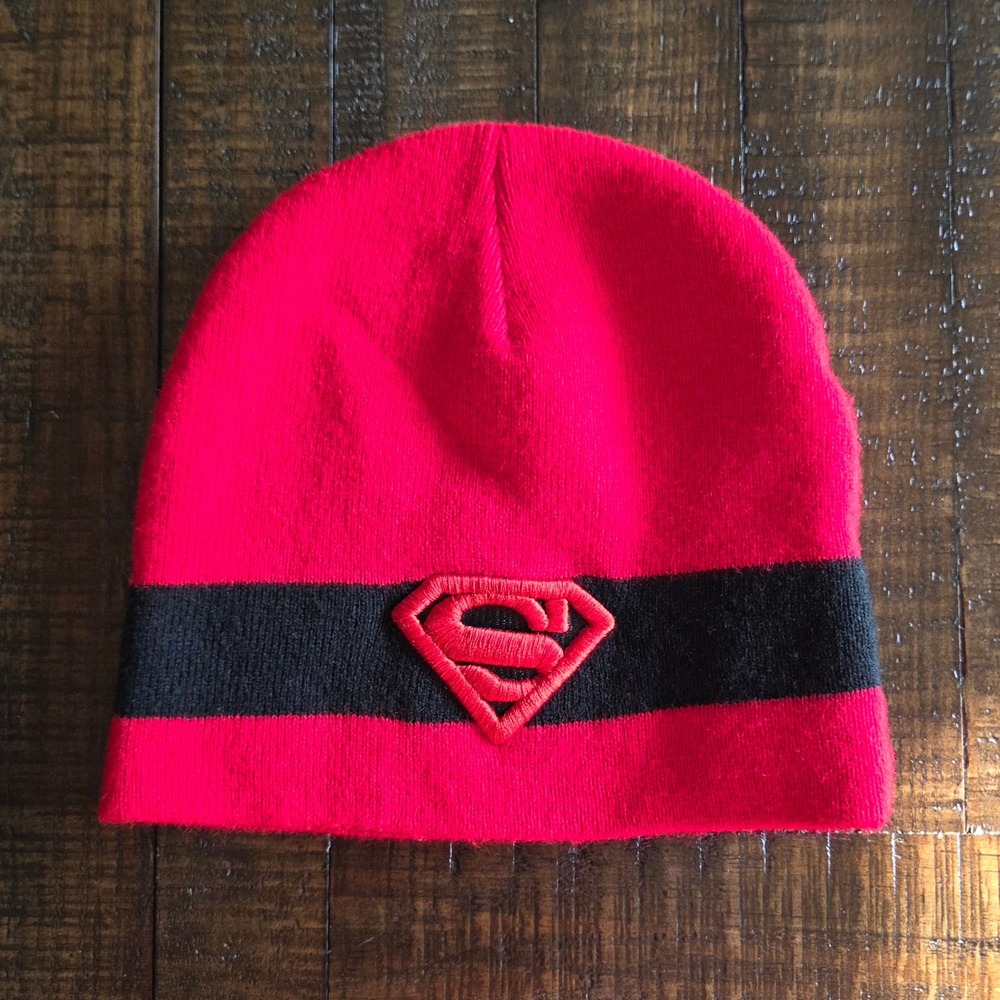 Superman DC Comics Red Black Knit Beanie Hat Toddler Y2K 2007 One Size Fits Most